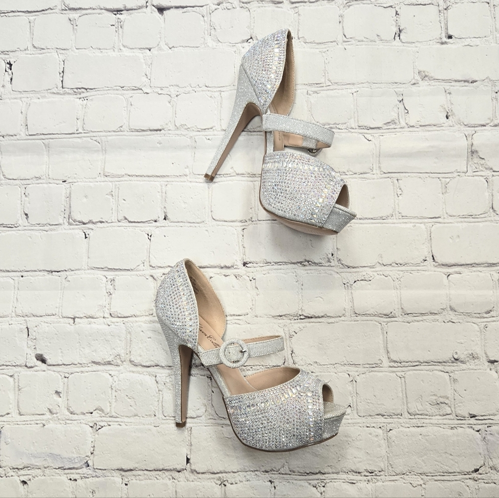 Rhinestone Silver Shimmer Stiletto Dress Heels Women's Size 6